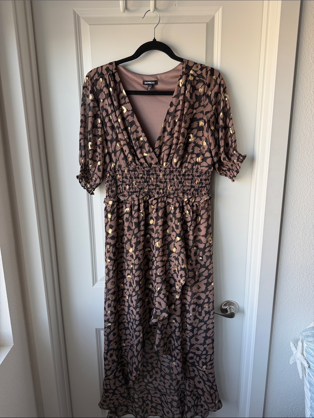 Express Brown Midi Dress with Gold Accent Print